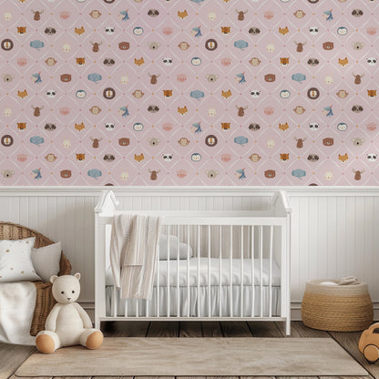 Animal Faces in Diamond Shapes Peel and Stick Wallpaper - Animals, Nursery, Illustration