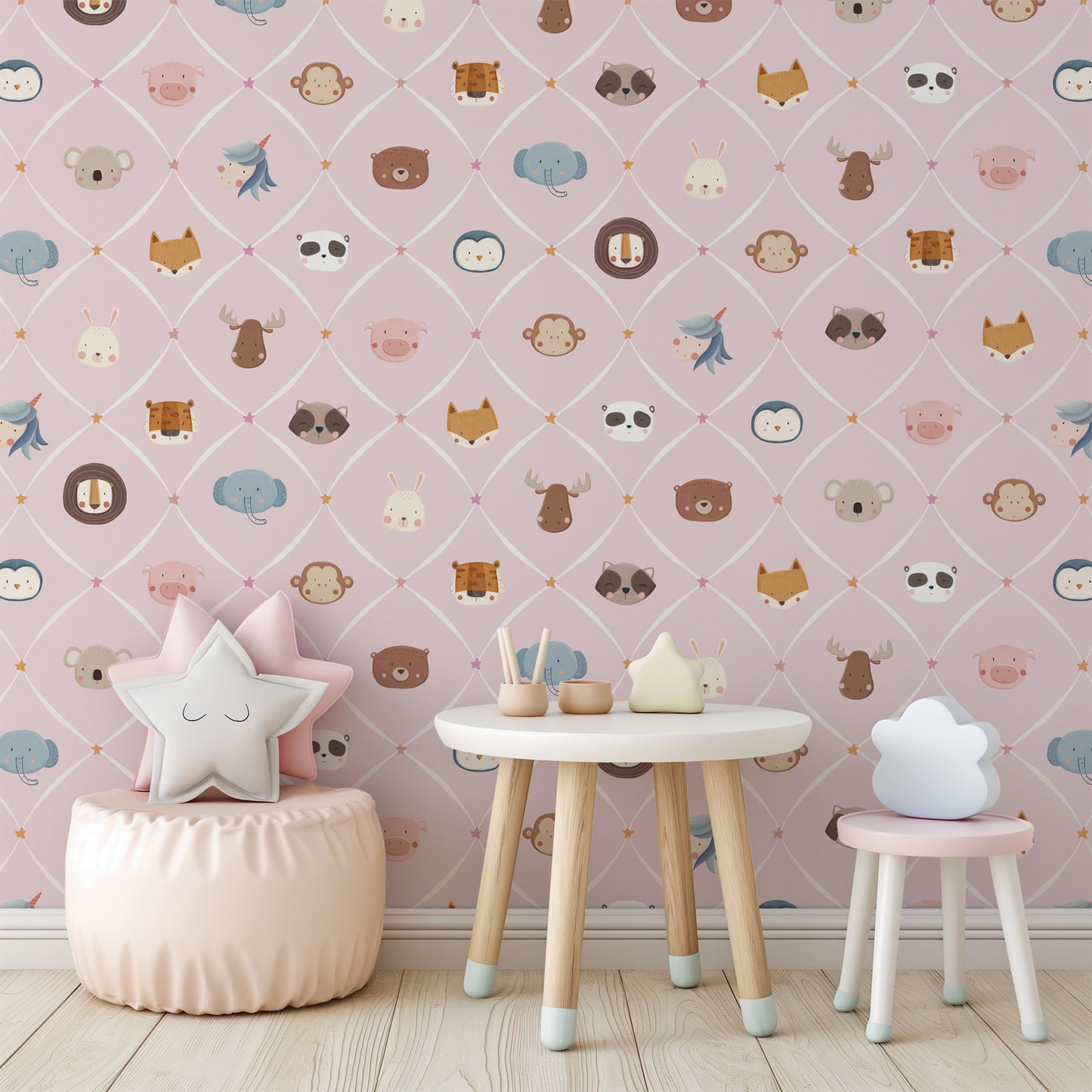Animal Faces in Diamond Shapes Peel and Stick Wallpaper - Animals, Nursery, Illustration