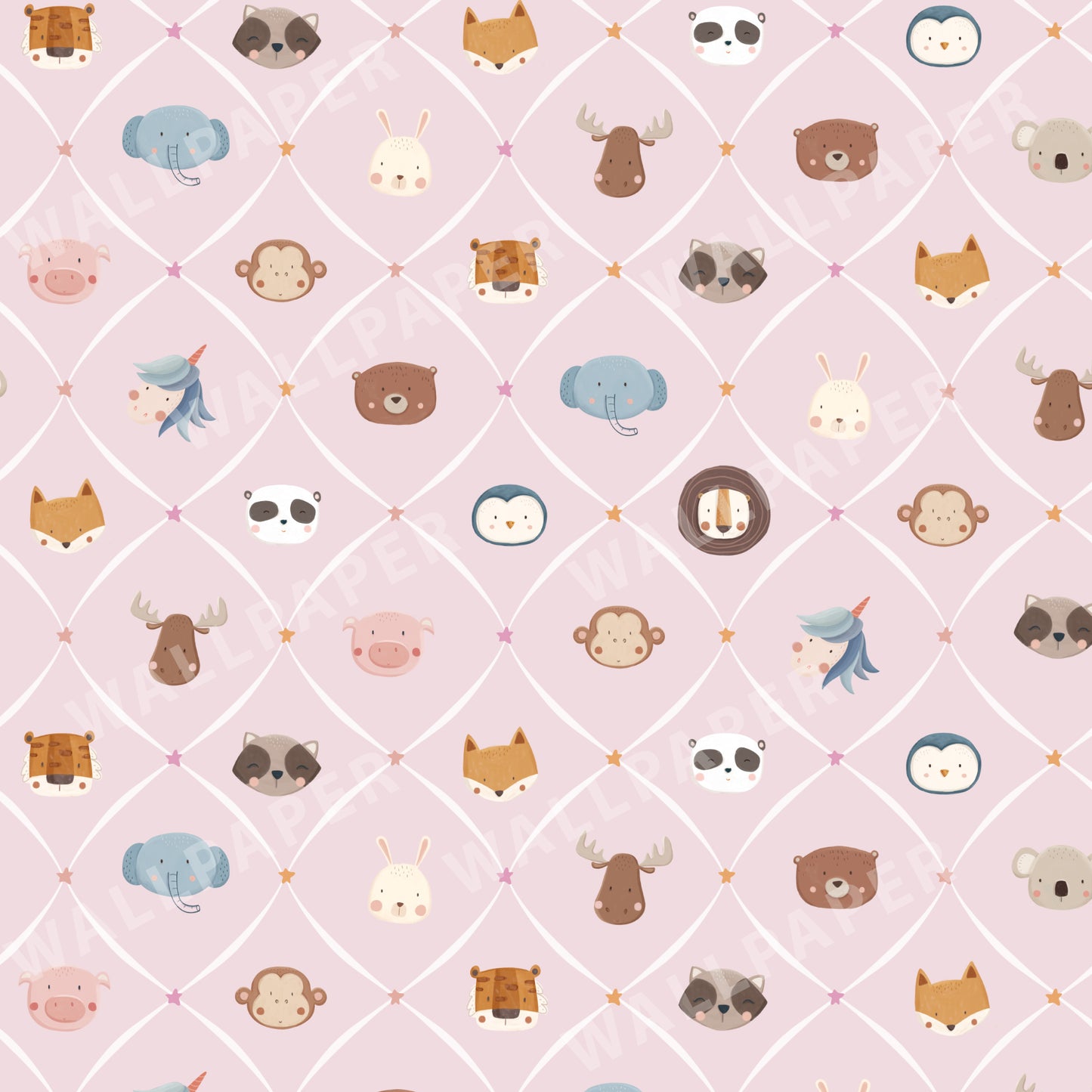Animal Faces in Diamond Shapes Peel and Stick Wallpaper - Animals, Nursery, Illustration