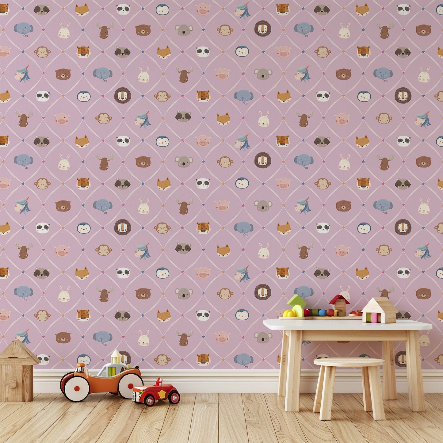 Animal Faces in Diamond Shapes Peel and Stick Wallpaper - Animals, Nursery, Illustration