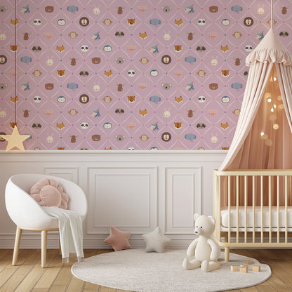 Animal Faces in Diamond Shapes Peel and Stick Wallpaper - Animals, Nursery, Illustration