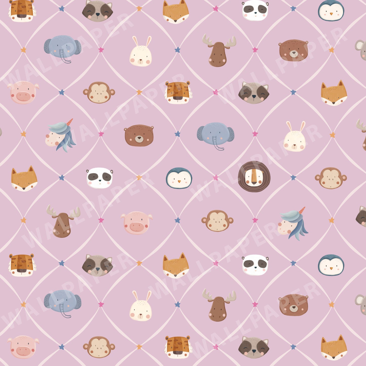 Animal Faces in Diamond Shapes Peel and Stick Wallpaper - Animals, Nursery, Illustration
