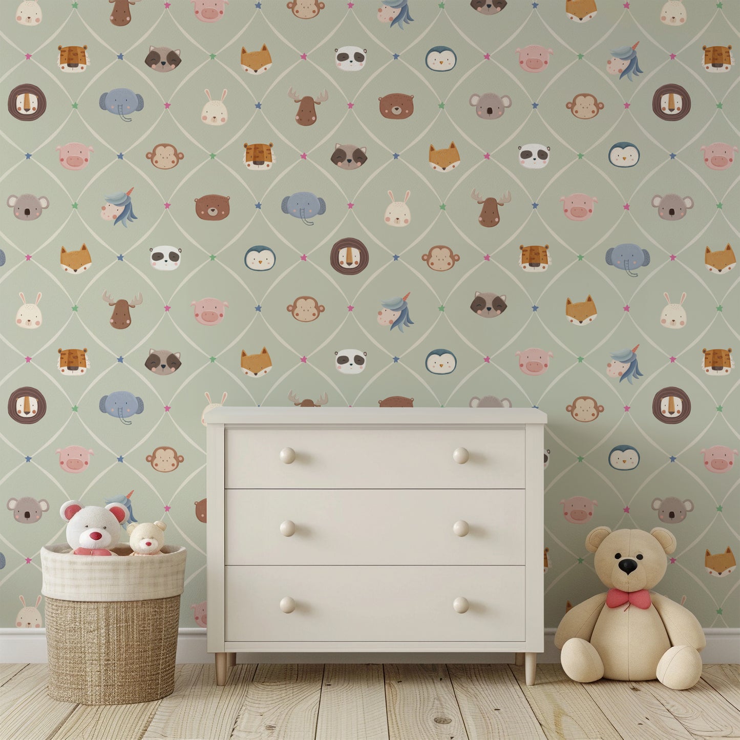Animal Faces in Diamond Shapes Peel and Stick Wallpaper - Animals, Nursery, Illustration