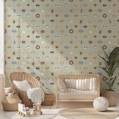 Animal Faces in Diamond Shapes Peel and Stick Wallpaper - Animals, Nursery, Illustration