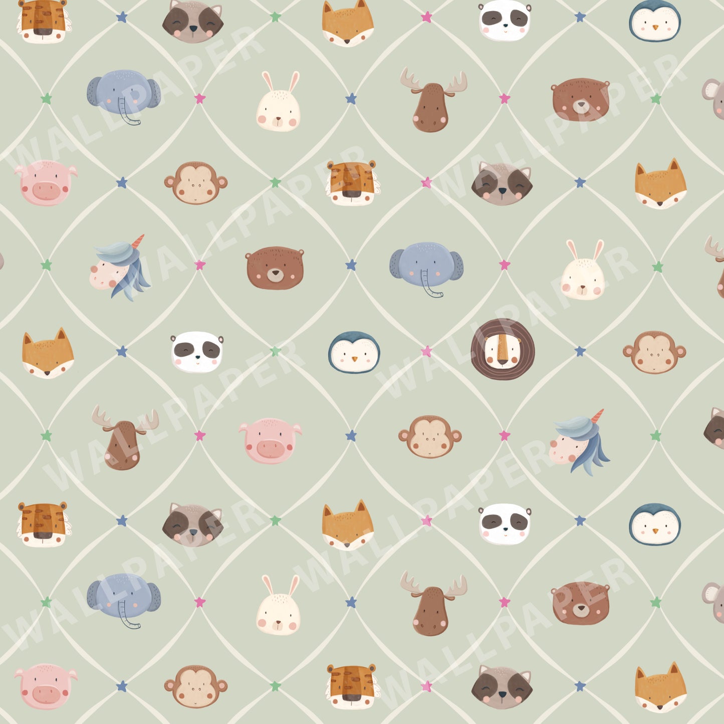 Animal Faces in Diamond Shapes Peel and Stick Wallpaper - Animals, Nursery, Illustration