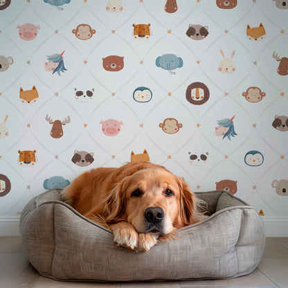 Animal Faces in Diamond Shapes Peel and Stick Wallpaper - Animals, Nursery, Illustration