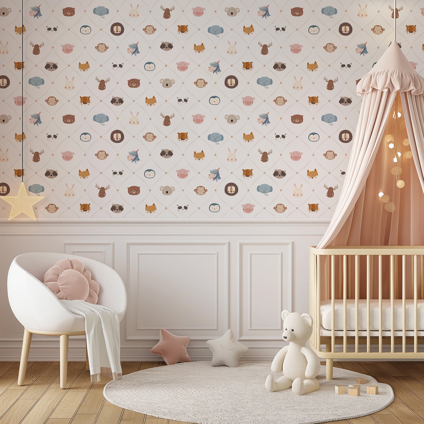 Animal Faces in Diamond Shapes Peel and Stick Wallpaper - Animals, Nursery, Illustration