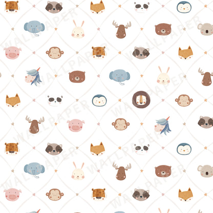 Animal Faces in Diamond Shapes Peel and Stick Wallpaper - Animals, Nursery, Illustration