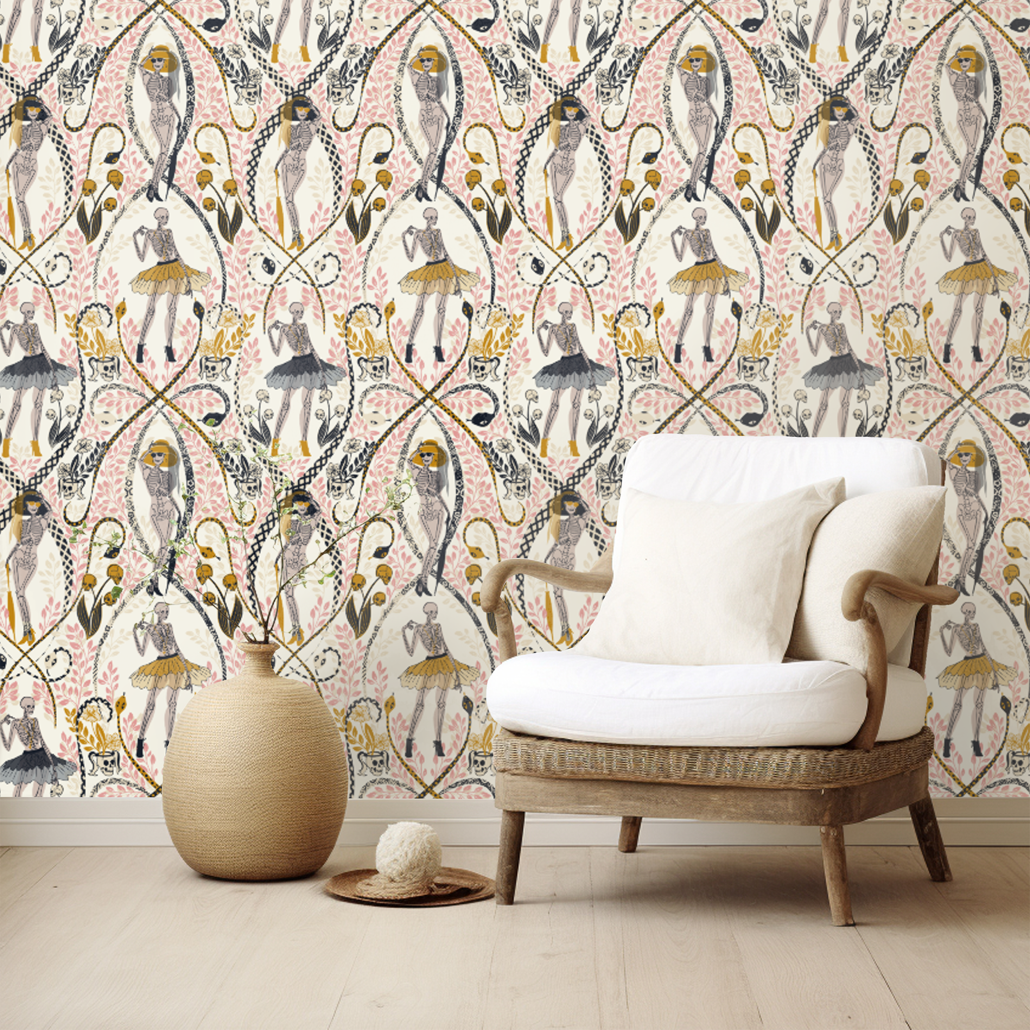 Decorative wallpaper with a pattern of skeletons in a room with a chair and vase.