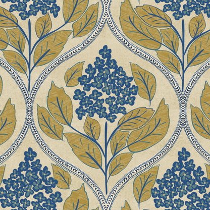A repeating botanical pattern featuring blue hydrangea flower clusters and mustard-yellow leaves on a warm cream background, framed by decorative blue and white geometric borders.