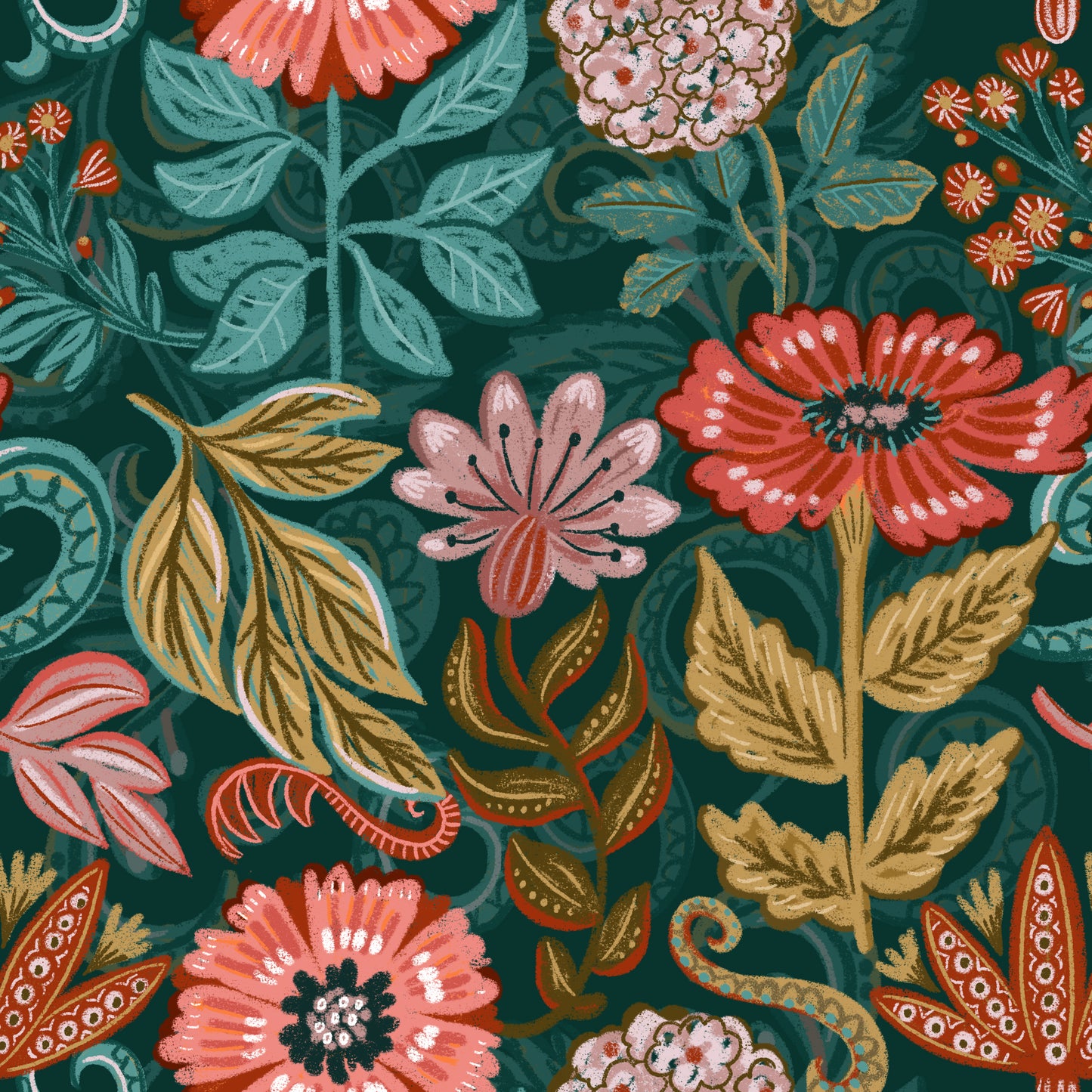 Colorful floral pattern with red and pink flowers on a dark green background