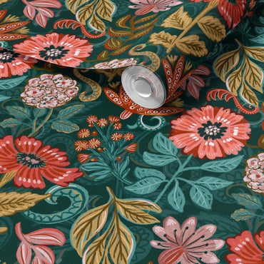 Floral fabric roll with pink and red flowers on a green background.