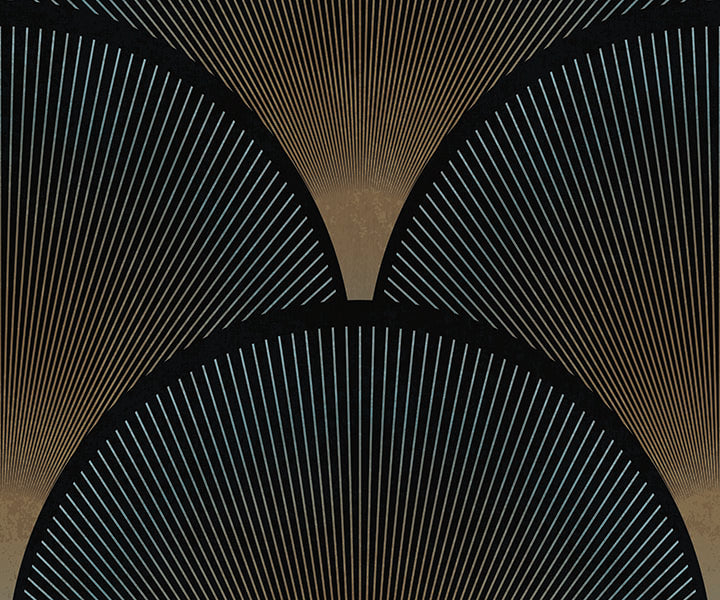 Abstract geometric wall art featuring three large semi-circular arches with radiating thin lines in black and metallic gold tones.