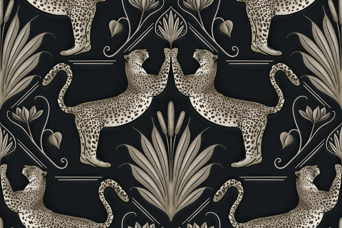 Decorative pattern with leopards and foliage on a black background