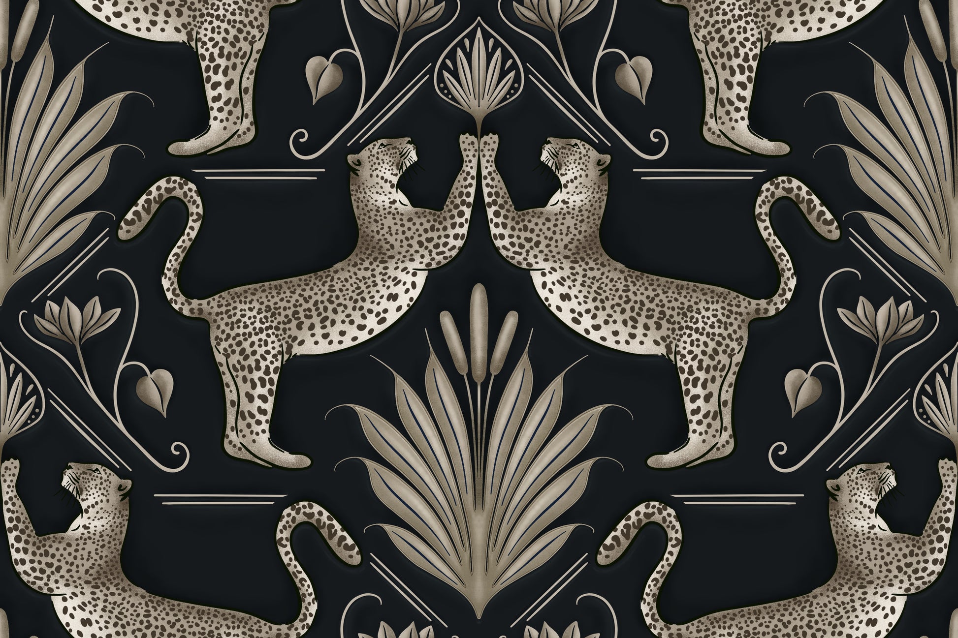 Decorative pattern with leopards and foliage on a black background