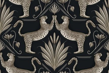 Decorative pattern with leopards and foliage on a black background