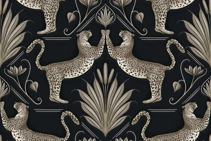 Decorative pattern with leopards and foliage on a black background