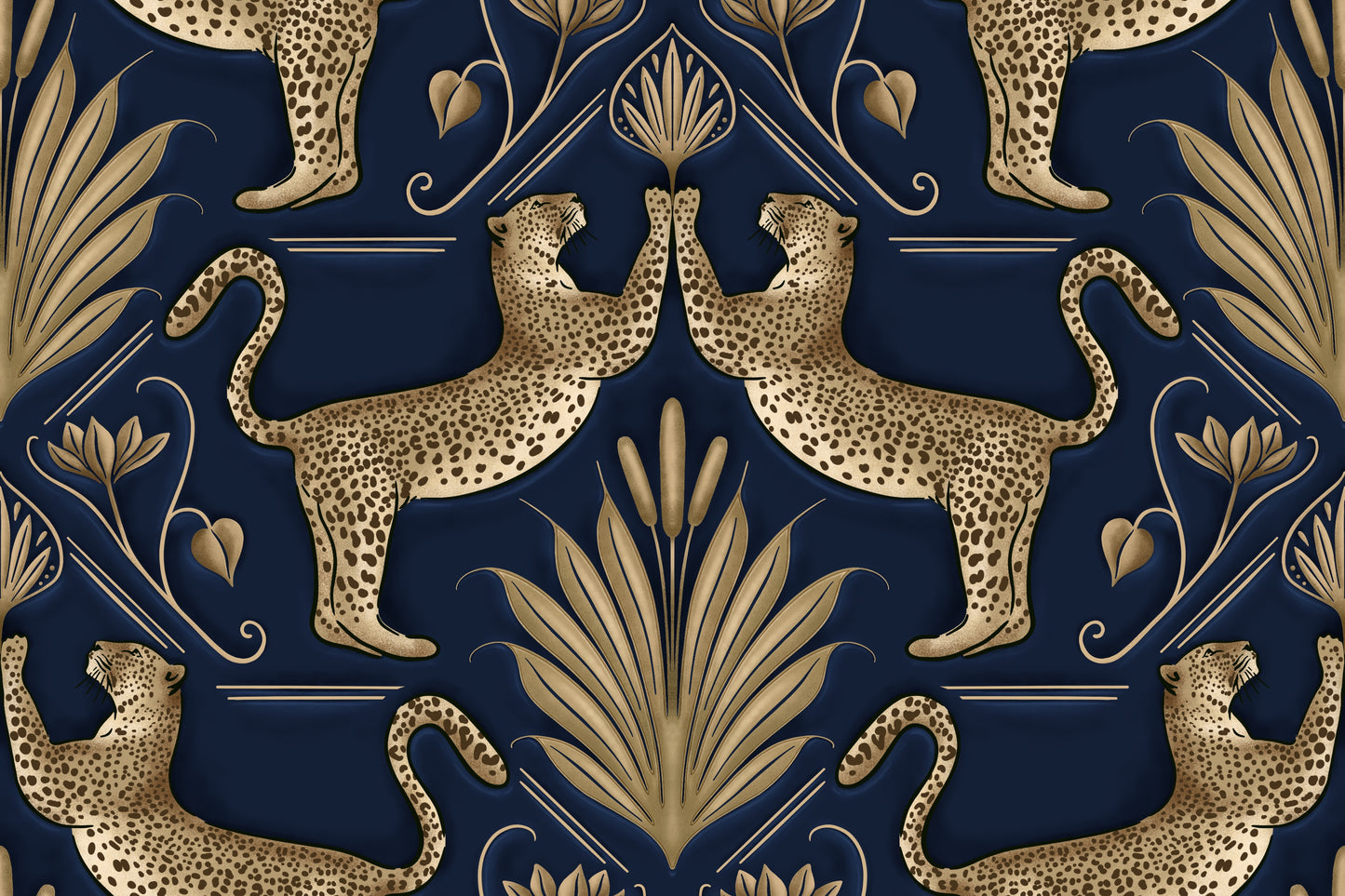 Pattern of gold leopards and leaves on a blue background