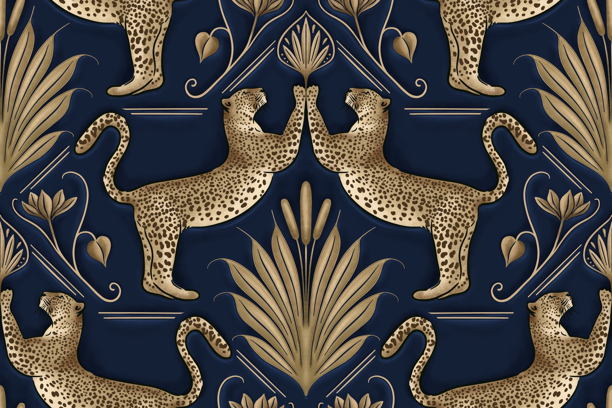 Pattern of gold leopards and leaves on a blue background