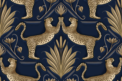 Pattern of gold leopards and leaves on a blue background