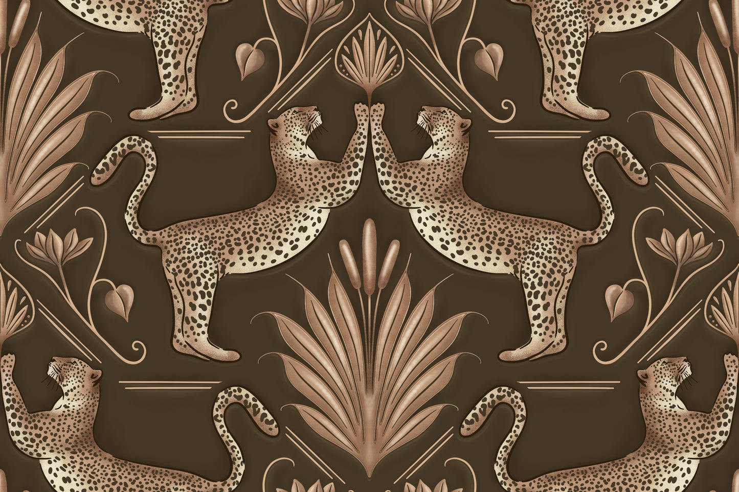 Decorative pattern with leopards and foliage on a dark background