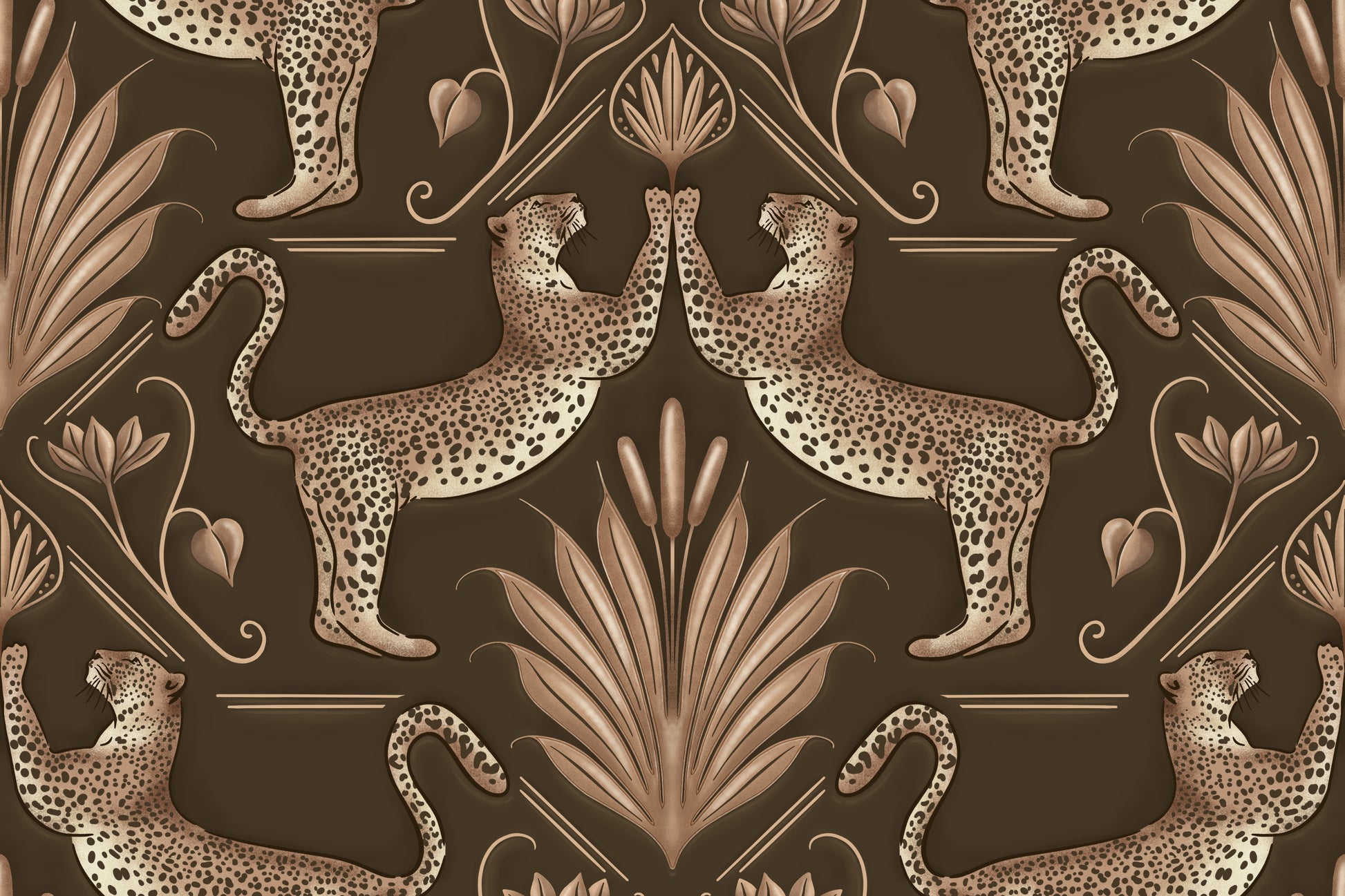 Decorative pattern with leopards and foliage on a dark background