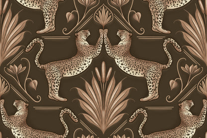 Decorative pattern with leopards and foliage on a dark background