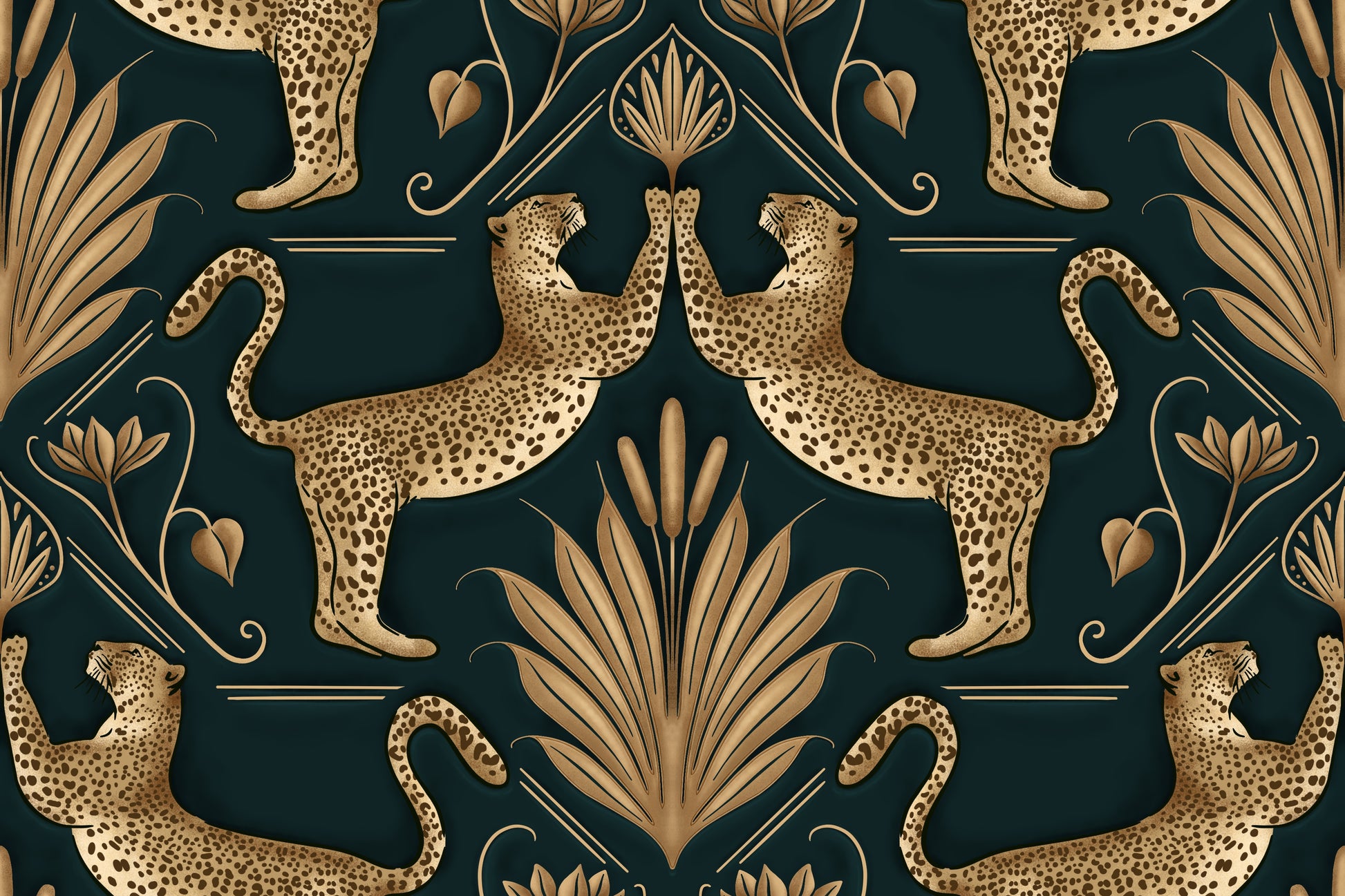 Decorative pattern with leopards and foliage on a dark background