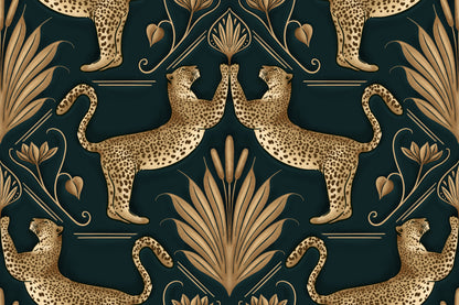 Decorative pattern with leopards and foliage on a dark background