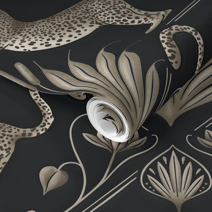 Decorative wallpaper with floral and animal pattern on a dark background