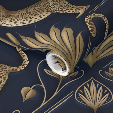 Decorative fabric with gold floral and animal print patterns on a dark blue background