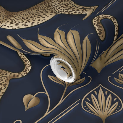 Decorative fabric with gold floral and animal print patterns on a dark blue background