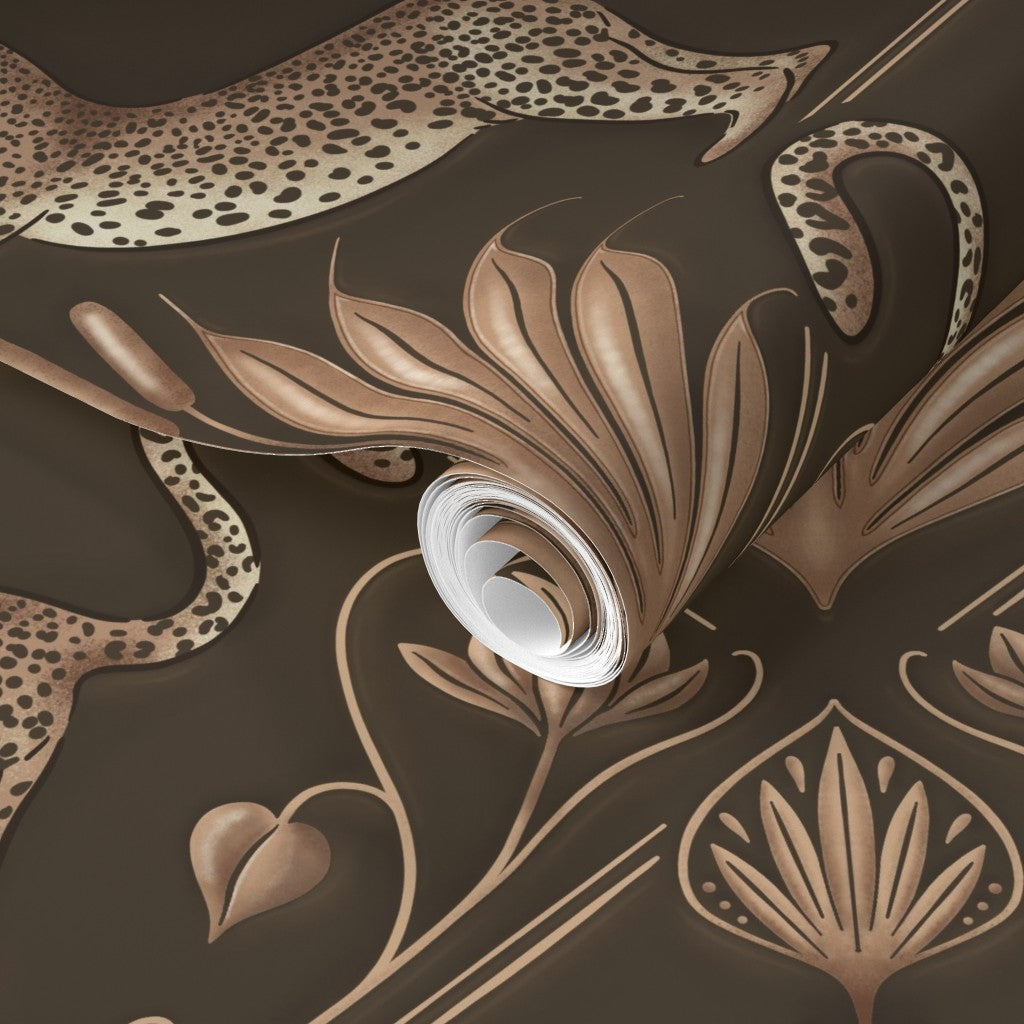 Decorative wallpaper with floral and animal pattern on a brown background