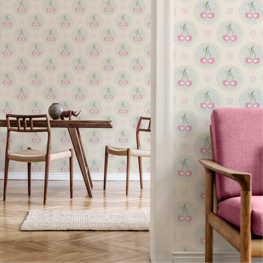 Audrey's Cherry Trees in Pink and Blue Wallpaper