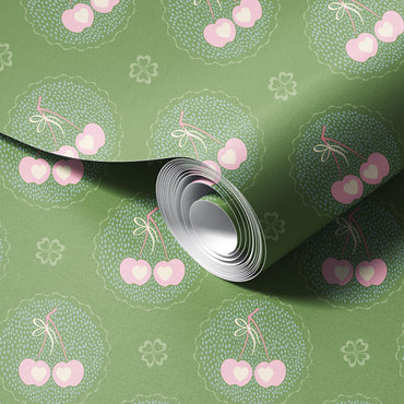 Audrey's Cherry Trees in Green & Pink Wallpaper