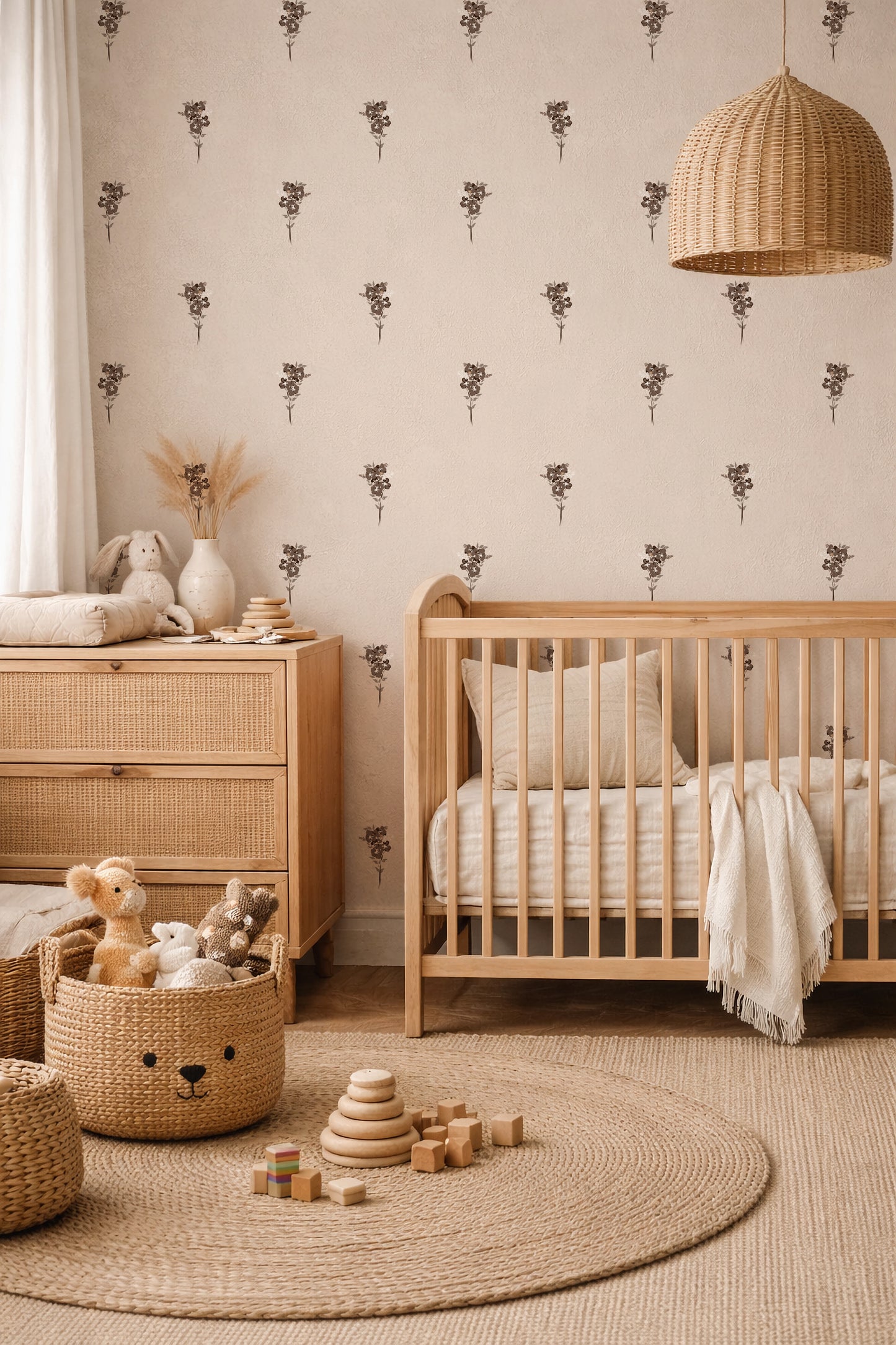 Bouquet Blooms Brown peel and stick wallpaper room mockup