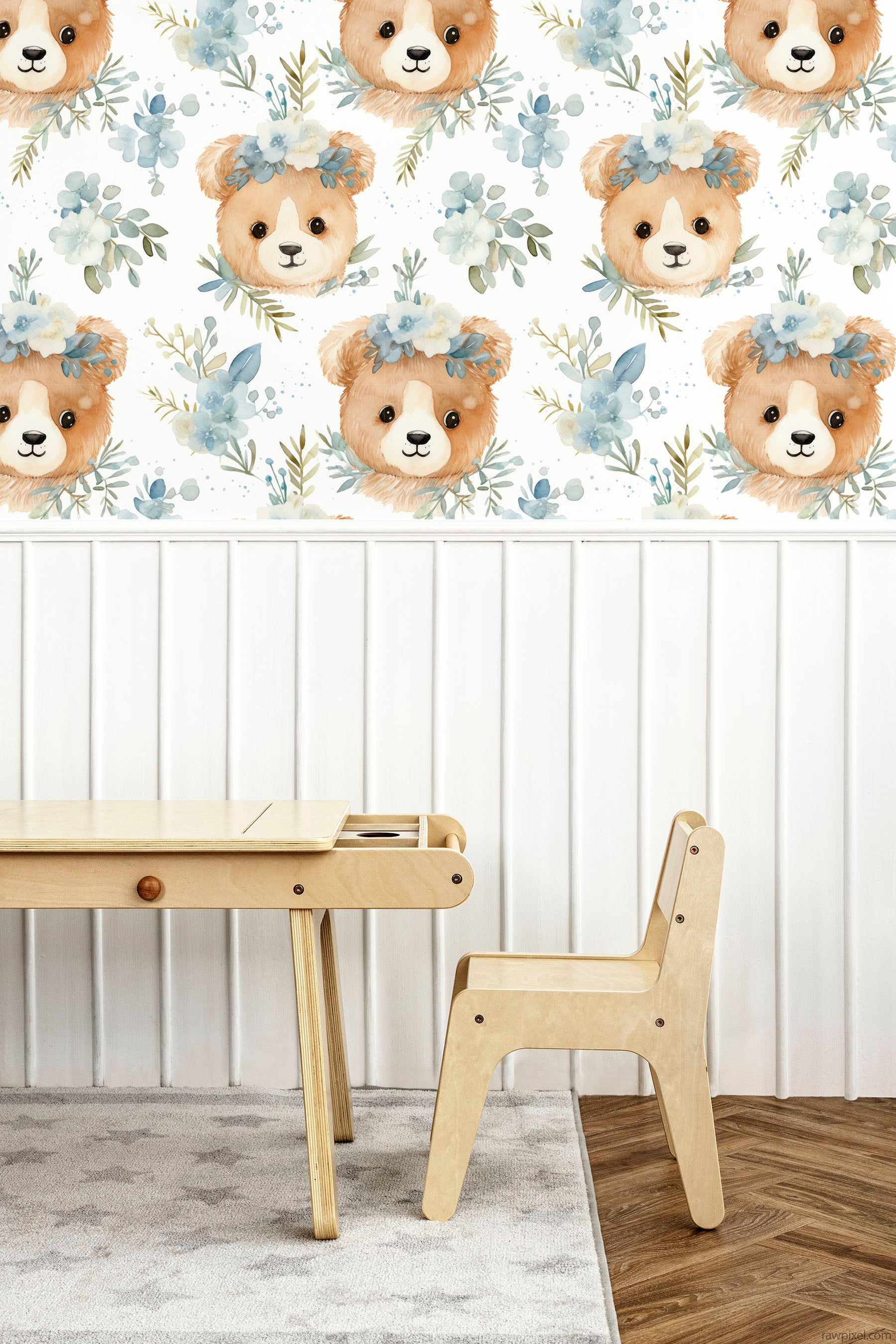 Beary Cute peel and stick wallpaper room mockup