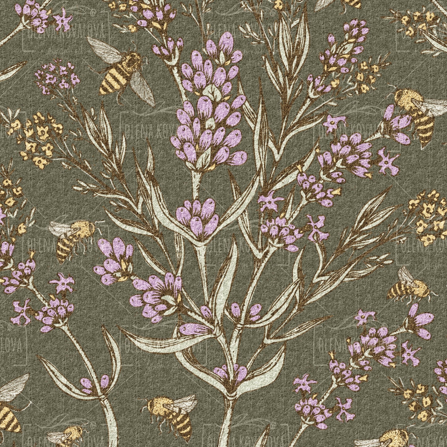 Bee and Lavender Biophilic Green peel and stick wallpaper pattern detail