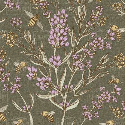 Bee and Lavender Biophilic Green peel and stick wallpaper pattern detail