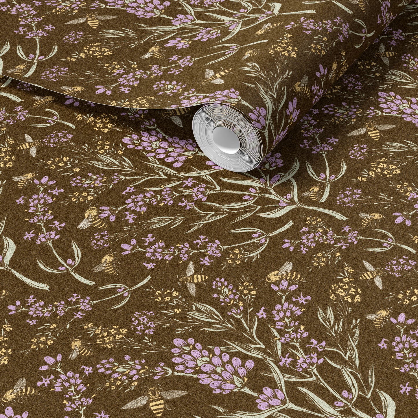 Bee and Lavender Brown peel and stick wallpaper room mockup
