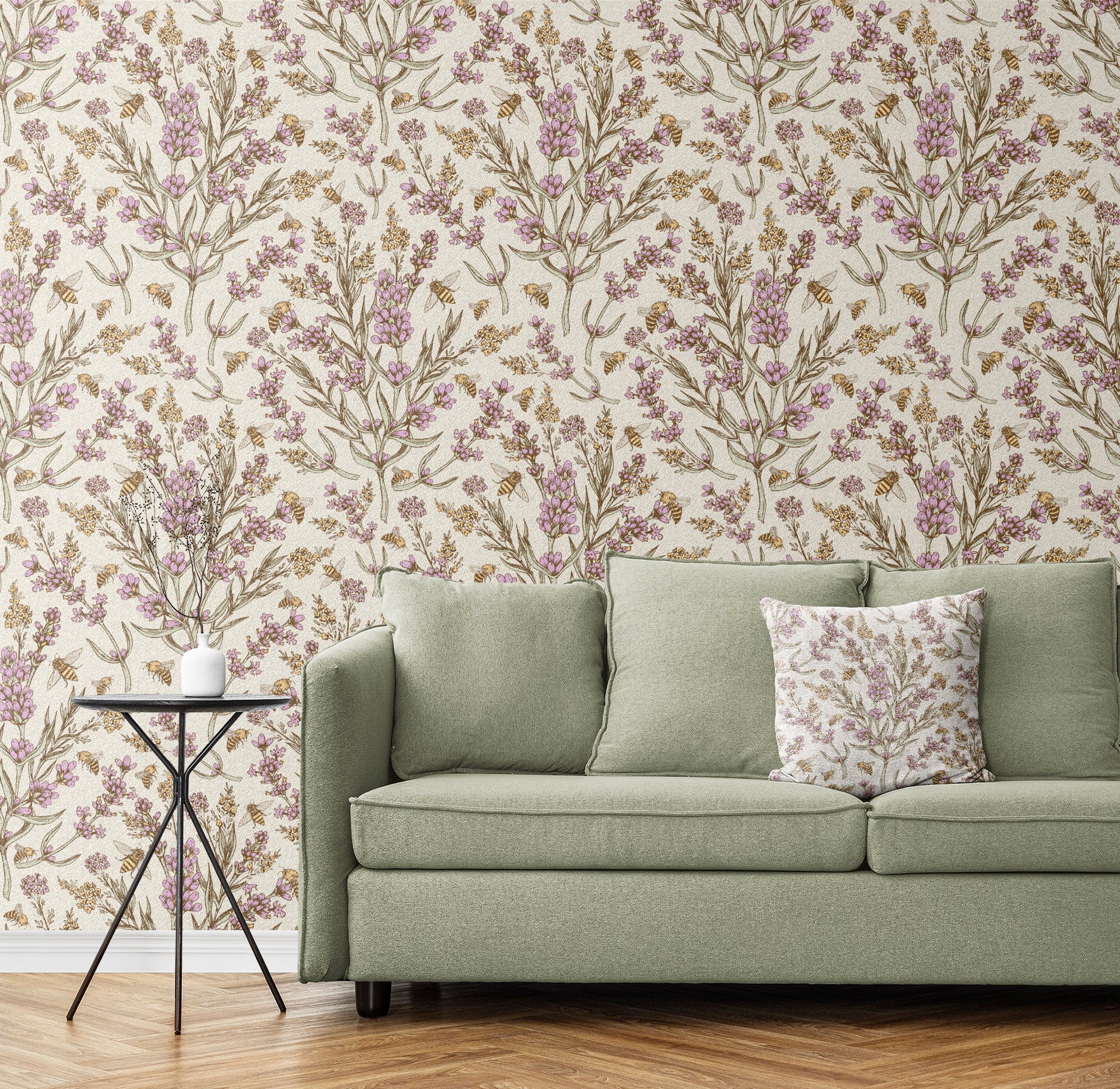 Bee and Lavender peel and stick wallpaper room mockup