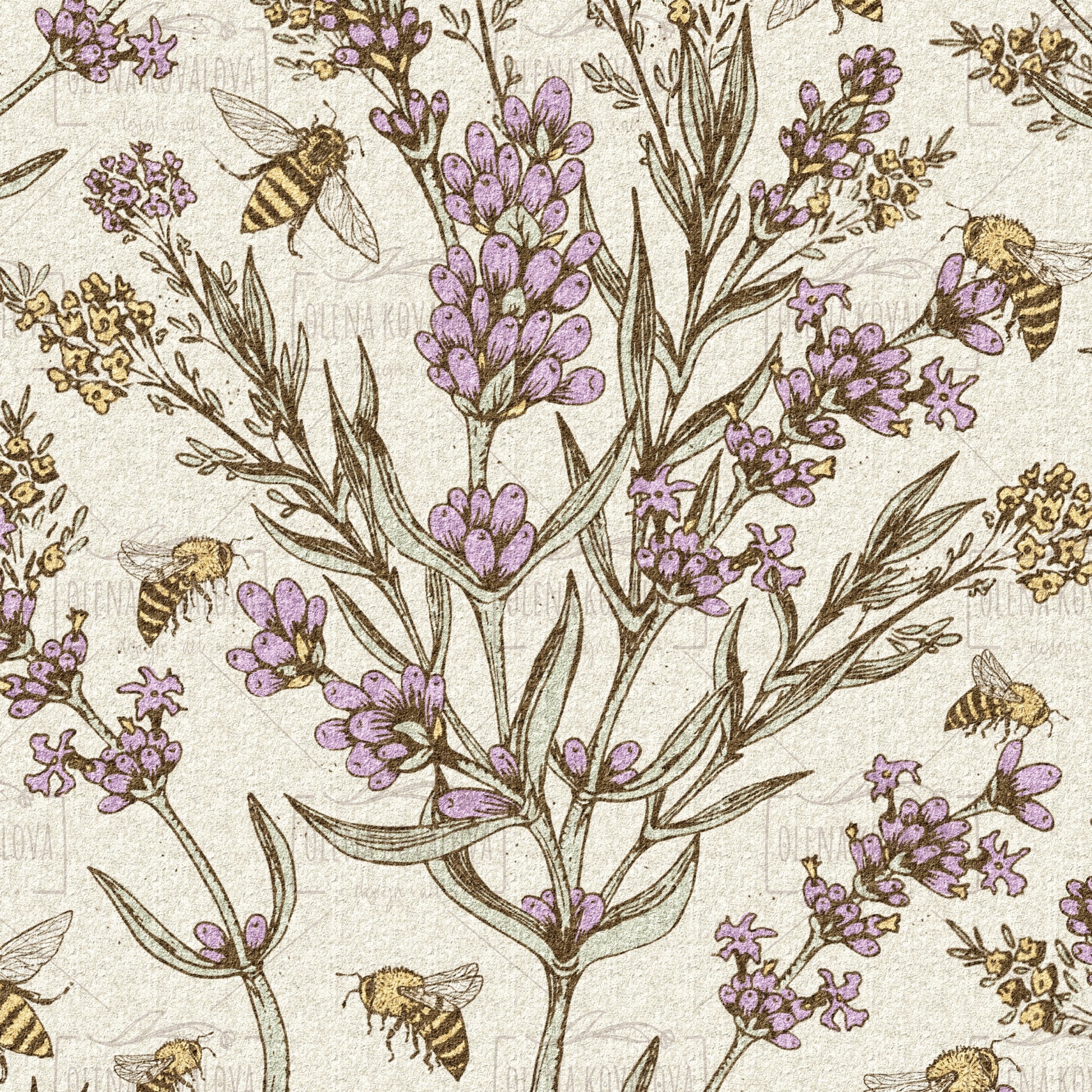 Bee and Lavender Natural peel and stick wallpaper pattern detail