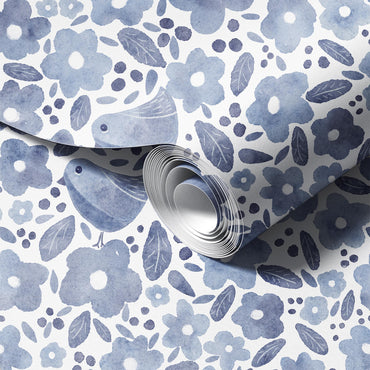Bird Blossom Grey Gray peel and stick wallpaper room mockup