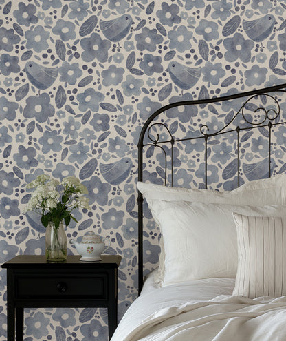 Bird Blossom Grey Gray peel and stick wallpaper room mockup