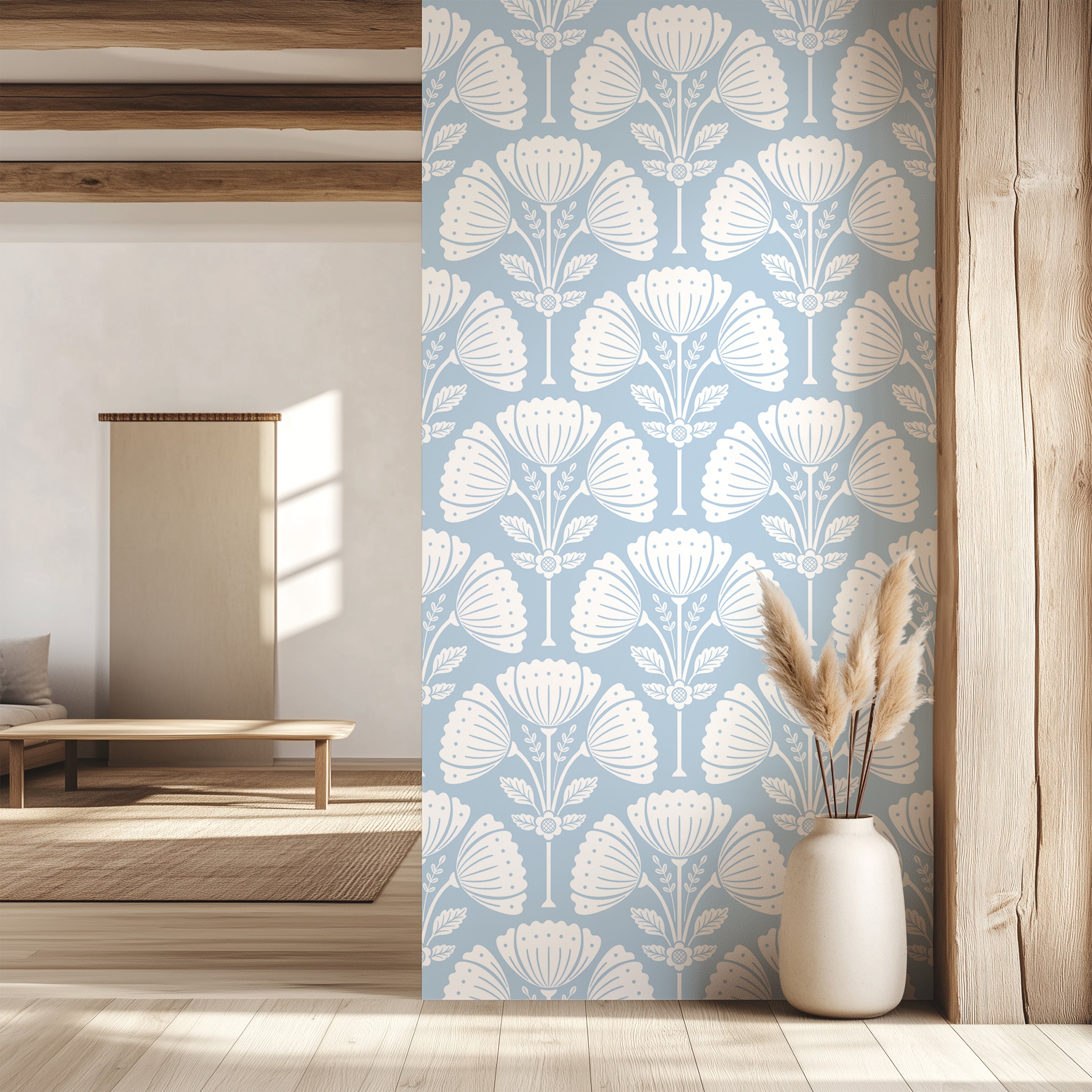 Room interior with floral wallpaper, wooden floor, and vase with dried plants.
