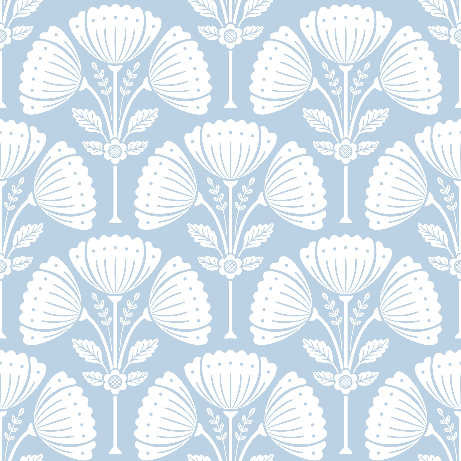 White floral pattern on a light blue background