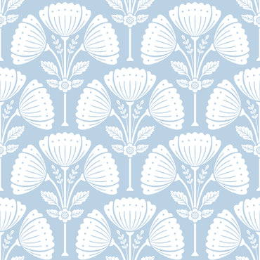 White floral pattern on a light blue background