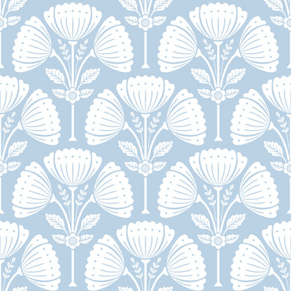 White floral pattern on a light blue background