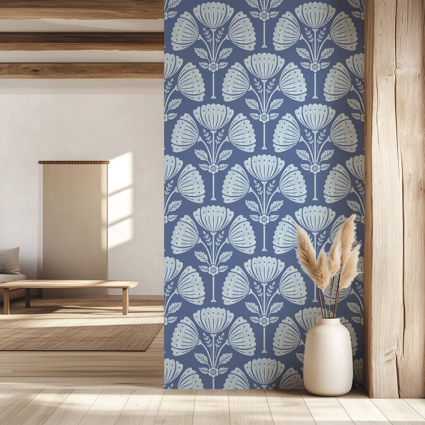 Room interior with a blue and white floral patterned wall panel.