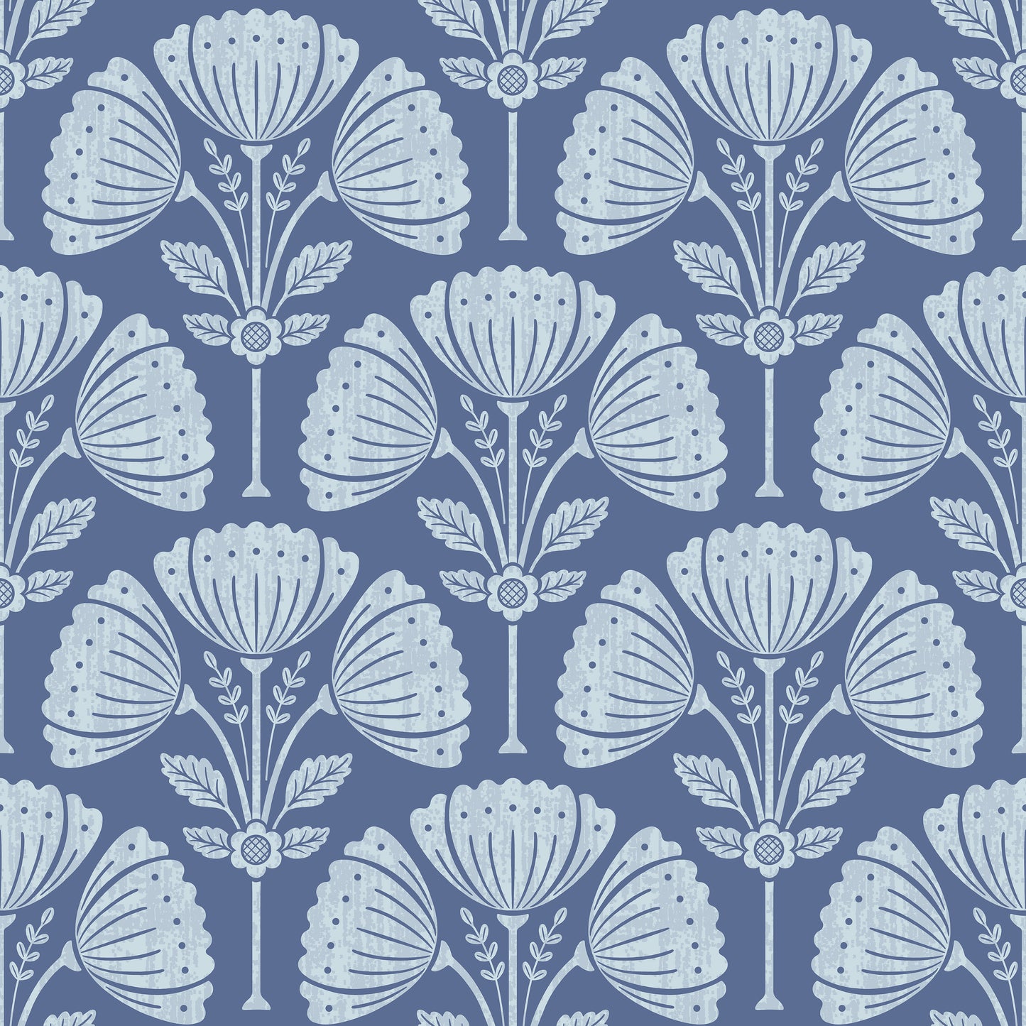 Pattern of stylized flowers in white on a blue background